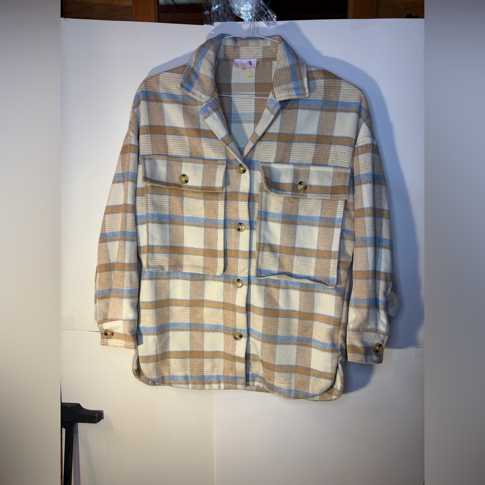 Oversized Jacket by Pink Lily.‎ Beige and Blue Plaid 30% Wool for women size XS - Picture 4 of 8